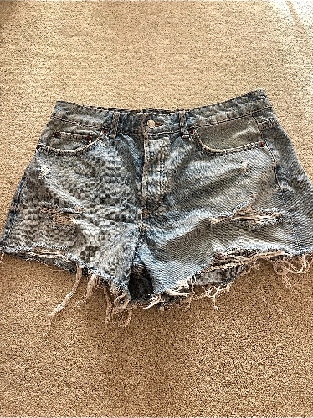 ZARA Mid Rise Shorts Distressed Denim Blue Size 10